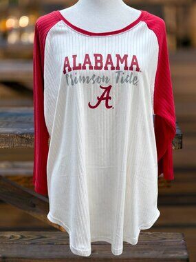 Alabama Crimson Tide Ribbed Knit 3/4 Sleeve Top XL Red White Hi-Low Hem Sideline